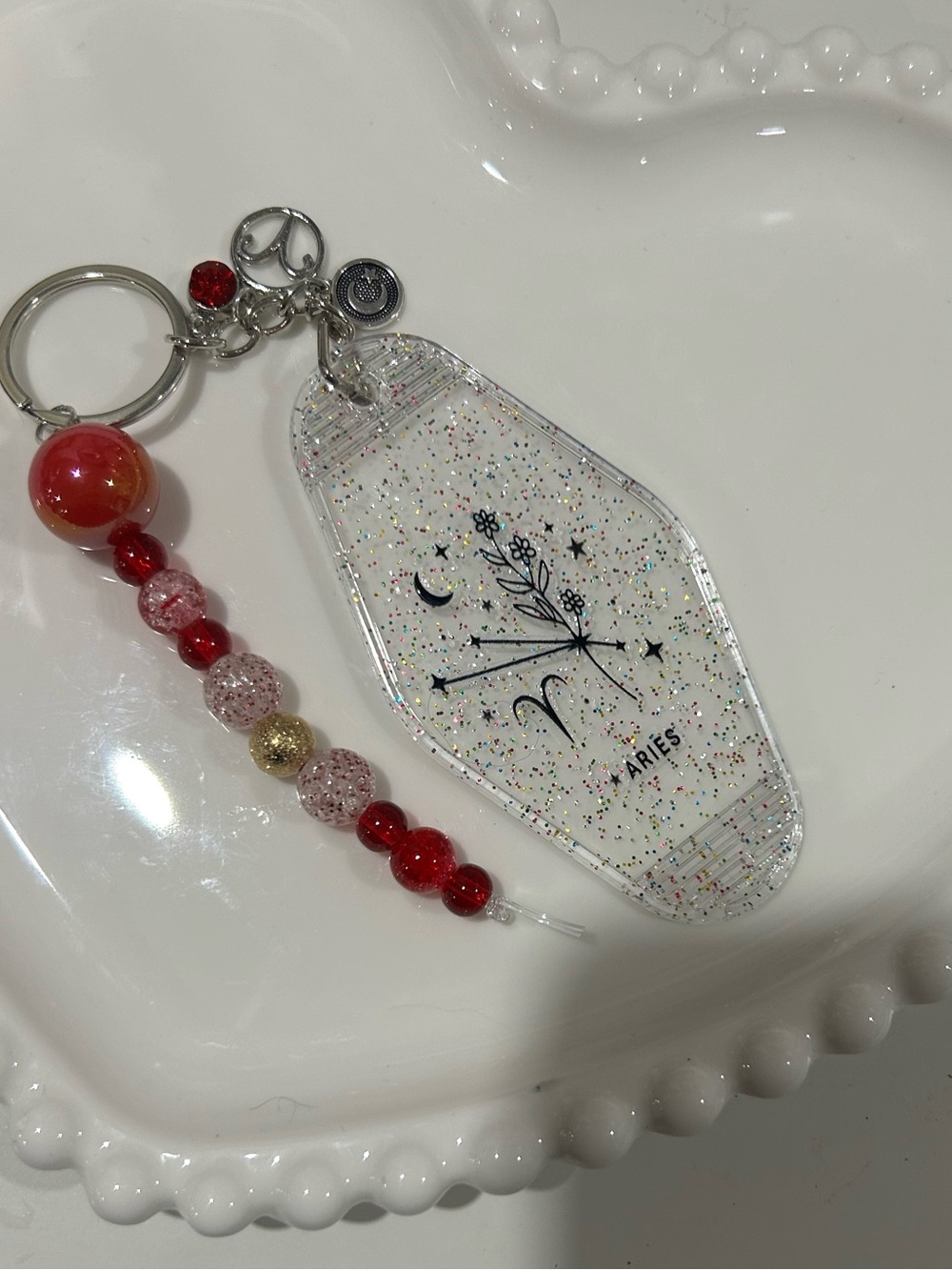 Aries Zodiac Glitter Keychain with Red Beaded Strap